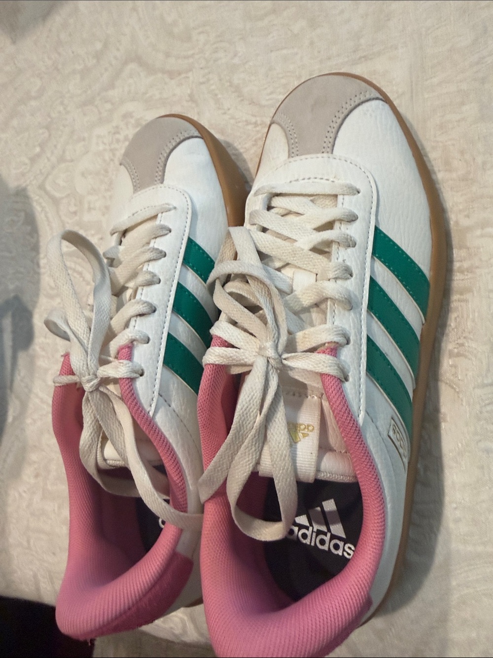 adidas Women's White Sneakers with Green Stripes and Pink Lining